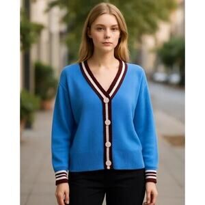 French Connection Preppy Button-Up Striped Cardigan Tennis Sweater in Blue M NWT